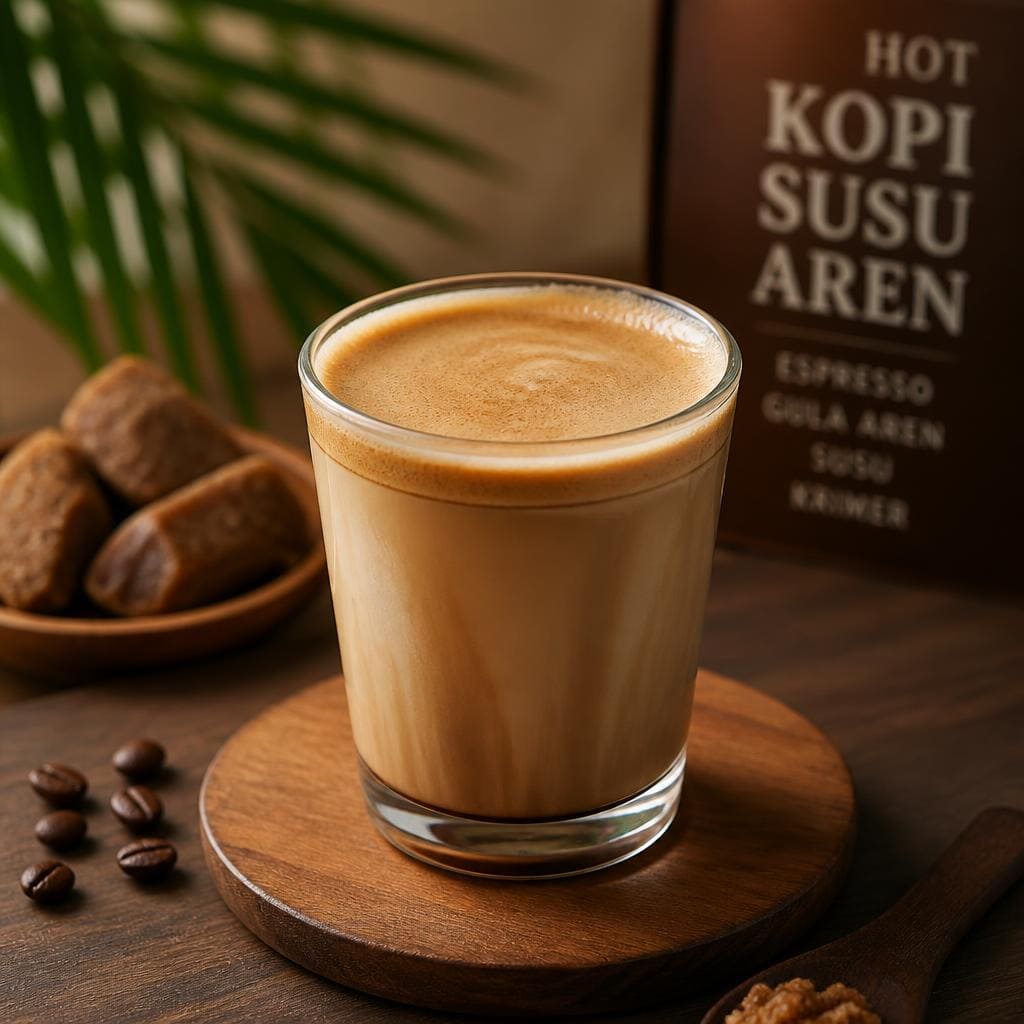 Hot Kopi Susu Aren Kopi Ruang Hati dengan espresso gula aren susu dan krimer